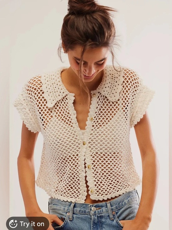 Free People Tops - Free People Cream Crochet Button-Front Short Sleeve Top